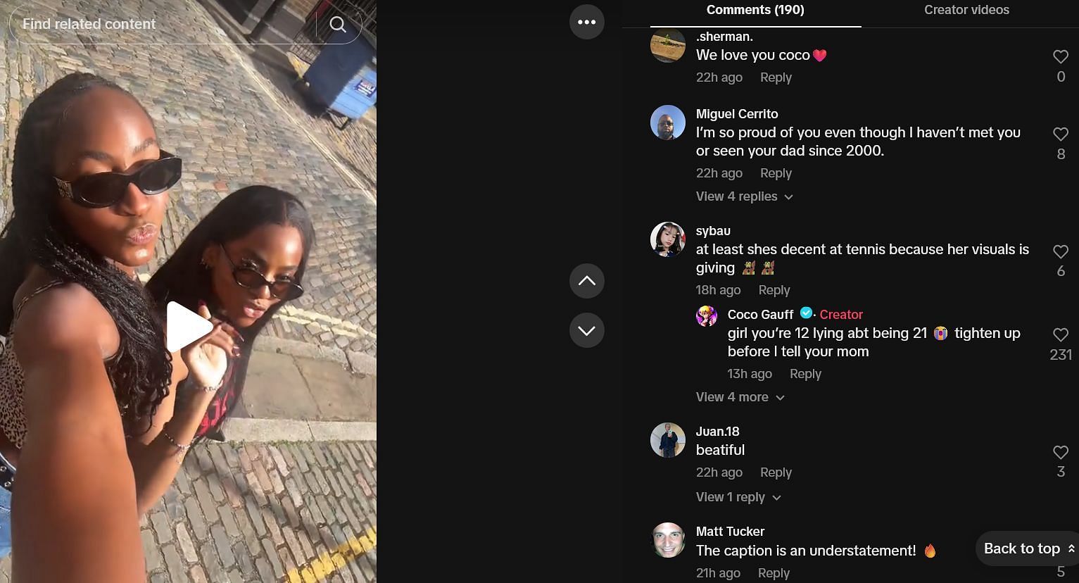 Gauff's response to the user on TikTok (Source: TikTok/cocogauff)